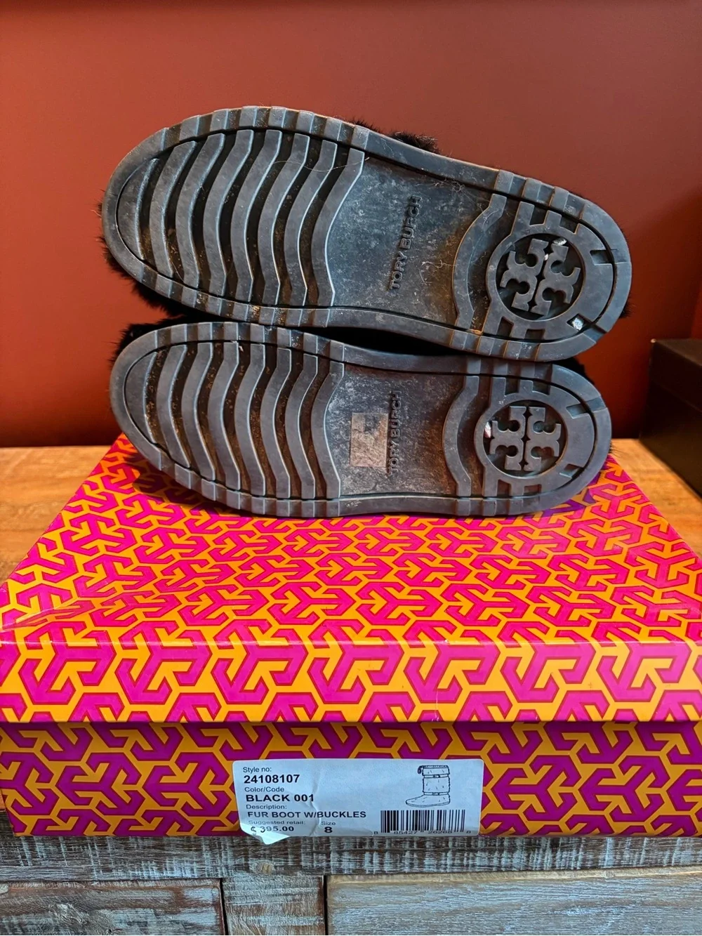 Tory Burch Black Rabbit Fur Winter Boots with Leather Straps